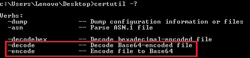 certutil command with base64 encode and decode options
