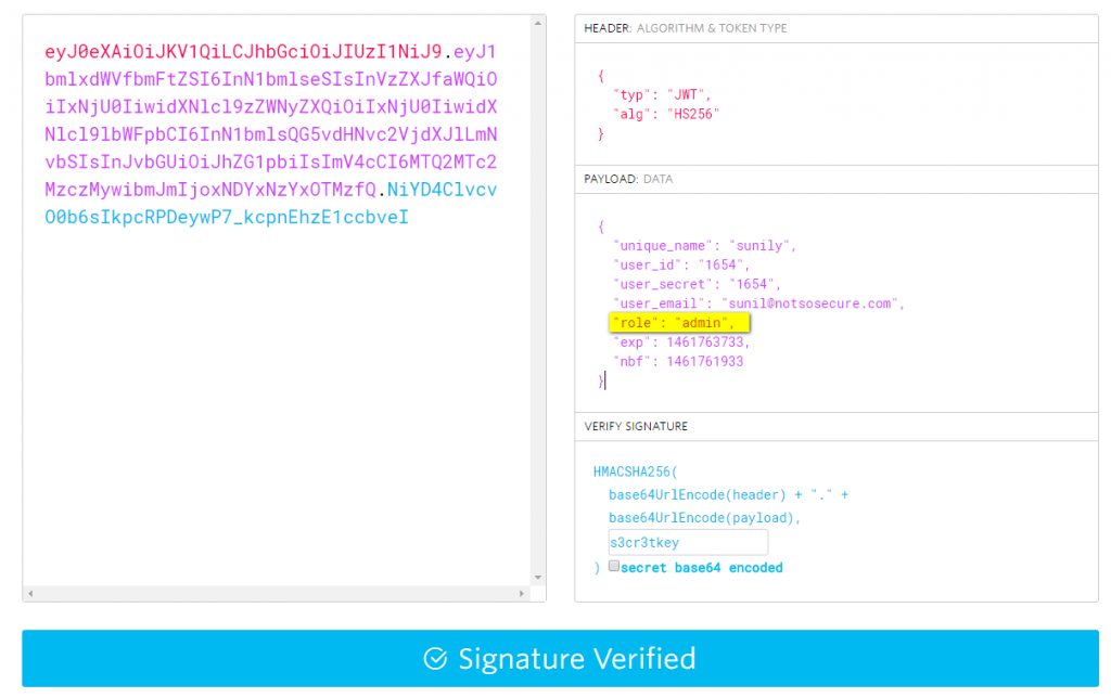 Changed the Payload values by supplying the right key and generating right token